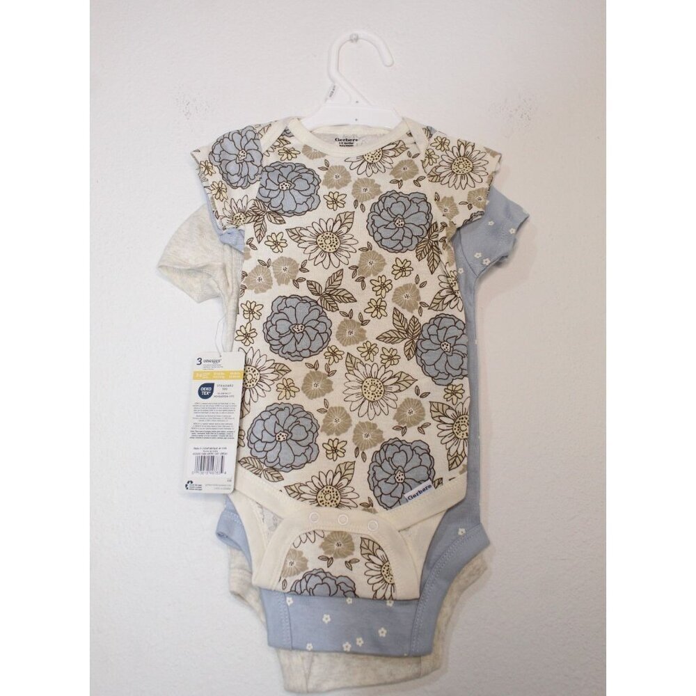 Gerber Onesies 3 Pack Girls 3-6 months Cream Brown Blue Buttons Short Sleeve NWT